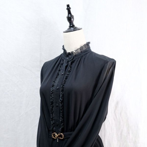 画像5: 無地 黒 長袖 レトロワンピース フリルカラー [14316]