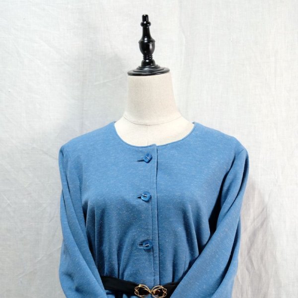 画像3: 無地 ブルー系 長袖 秋冬素材レトロワンピース ノーカラー [14312]