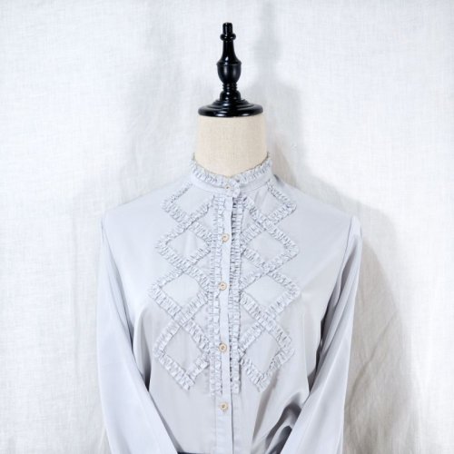 他の写真1: 無地 グレー 長袖 ブラウス フリルスタンドカラー[14488]