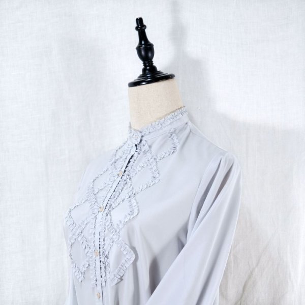 画像4: 無地 グレー 長袖 ブラウス フリルスタンドカラー[14488]