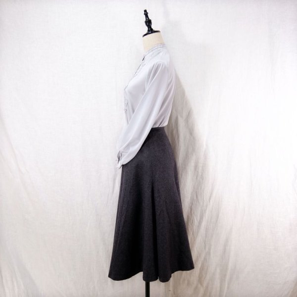 画像7: 無地 グレー 長袖 ブラウス フリルスタンドカラー[14488]