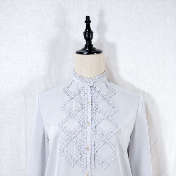 画像13: 無地 グレー 長袖 ブラウス フリルスタンドカラー[14488]