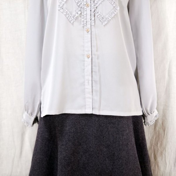 画像14: 無地 グレー 長袖 ブラウス フリルスタンドカラー[14488]