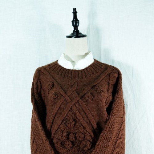 他の写真1: ブラウン アラン編み ウール セーター クルーネック[14532]