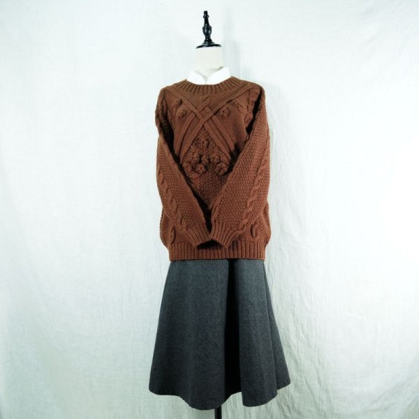 画像7: ブラウン アラン編み ウール セーター クルーネック[14532]