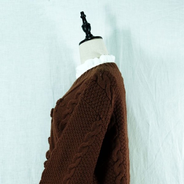 画像4: ブラウン アラン編み ウール セーター クルーネック[14532]