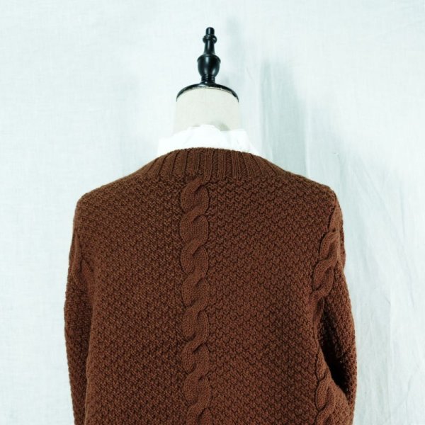 画像5: ブラウン アラン編み ウール セーター クルーネック[14532]