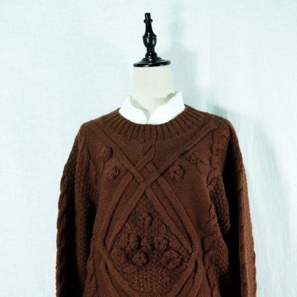 画像6: ブラウン アラン編み ウール セーター クルーネック[14532]