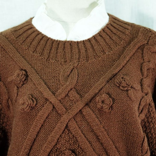 画像13: ブラウン アラン編み ウール セーター クルーネック[14532]