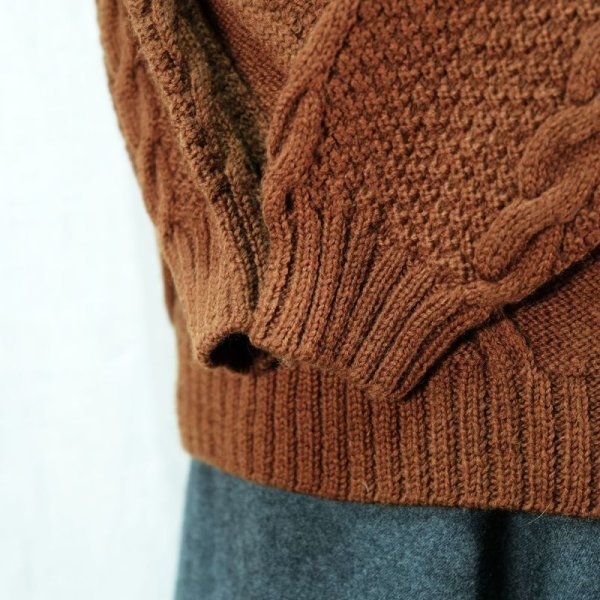 画像14: ブラウン アラン編み ウール セーター クルーネック[14532]