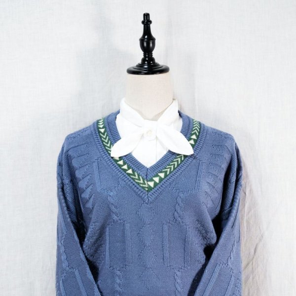 画像6: レトロ幾何学 ブルー セーター Vネック[14514]