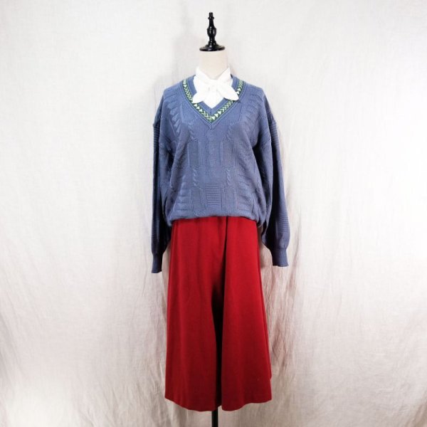 画像10: レトロ幾何学 ブルー セーター Vネック[14514]