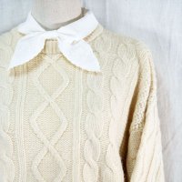 ホワイト アラン編み ウール セーター クルーネック[14519]