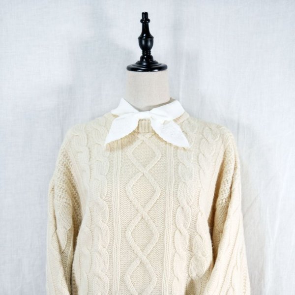 画像7: ホワイト アラン編み ウール セーター クルーネック[14519]