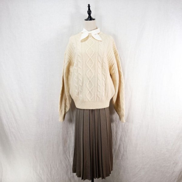 画像6: ホワイト アラン編み ウール セーター クルーネック[14519]