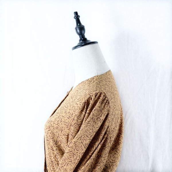 画像9: ローズ柄 ブラウン 長袖 レトロワンピース ノーカラー[16552]