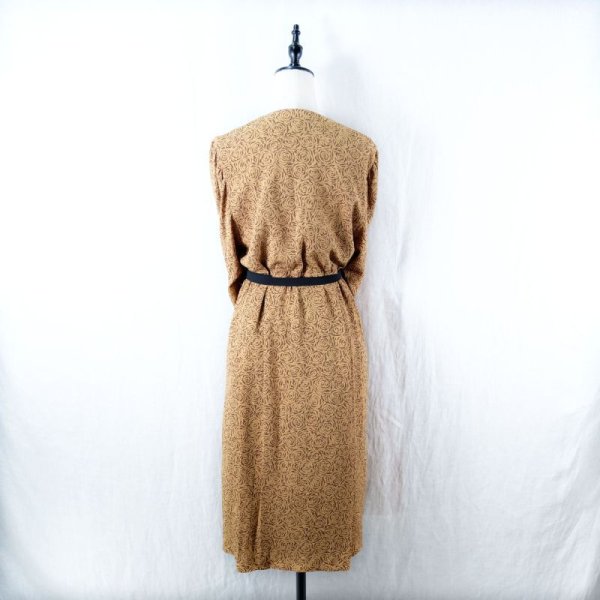 画像5: ローズ柄 ブラウン 長袖 レトロワンピース ノーカラー[16552]