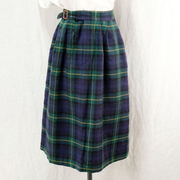 画像3: チェック柄 グリーン系 スカート ウール/ナイロン混 w/70cm [16679]