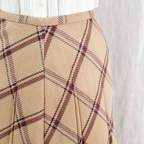 画像1: チェック柄 ブラウン系 ウール スカート フレア w/60cm [16603]