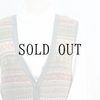 グリーン系 ボーダー ノルディック模様 ニット ベスト Vネック　前開き [16660]