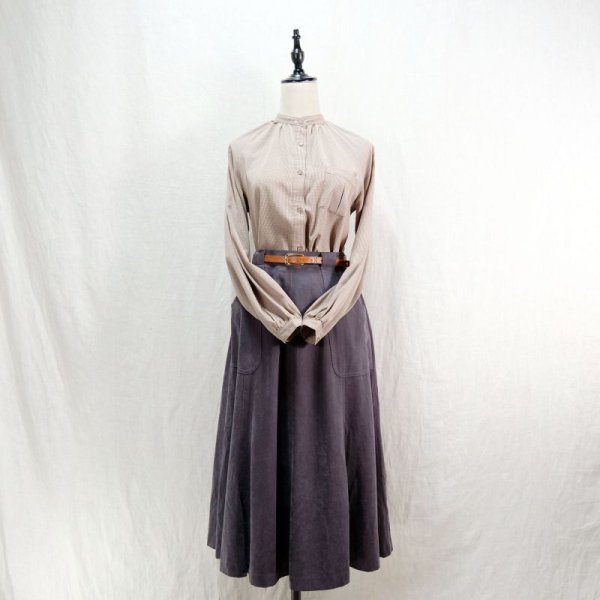 画像3: チェック柄 グレー×ホワイト 長袖 ブラウス スタンドカラー 胸ポケット [16616]