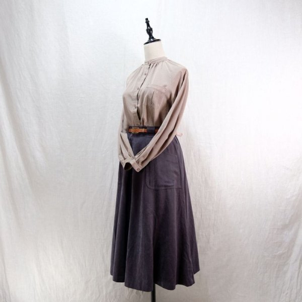 画像5: チェック柄 グレー×ホワイト 長袖 ブラウス スタンドカラー 胸ポケット [16616]