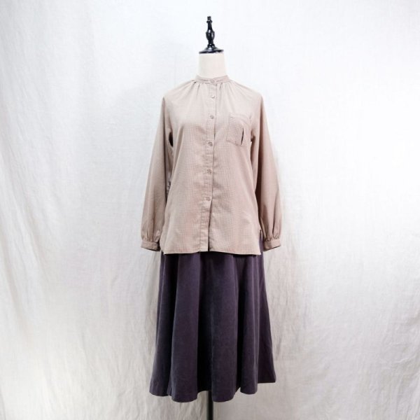 画像12: チェック柄 グレー×ホワイト 長袖 ブラウス スタンドカラー 胸ポケット [16616]