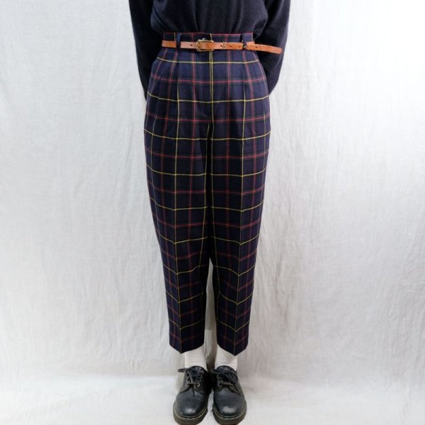 画像3: チェック柄 ネイビー系 ウール パンツ /w62cm [16621]