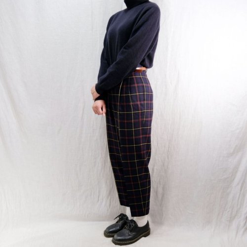 他の写真1: チェック柄 ネイビー系 ウール パンツ /w62cm [16621]