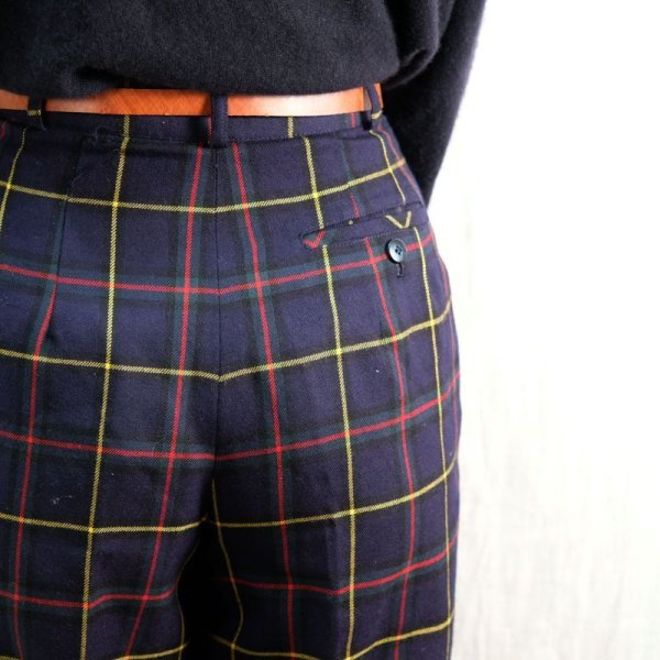 画像8: チェック柄 ネイビー系 ウール パンツ /w62cm [16621]