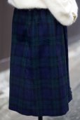 画像5: ブラックウォッチ チェック柄 グリーン×ネイビー ウール/ナイロン混 キュロットスカート 巻スカート ベルト w/62cm [16777]