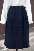 画像1: ブラックウォッチ チェック柄 グリーン×ネイビー ウール/ナイロン混 キュロットスカート 巻スカート ベルト w/62cm [16777] (1)