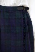 画像2: ブラックウォッチ チェック柄 グリーン×ネイビー ウール/ナイロン混 キュロットスカート 巻スカート ベルト w/62cm [16777] (2)