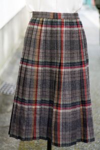 チェック柄 グレー系 ウール混 スカート プリーツ w/65cm [16807]