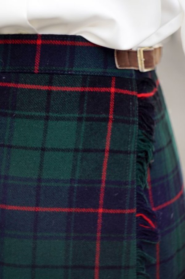 画像8: チェック柄 グリーン×レッド ウール キルトスカート プリーツ w/62cm [16809]