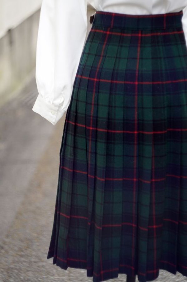 画像5: チェック柄 グリーン×レッド ウール キルトスカート プリーツ w/62cm [16809]