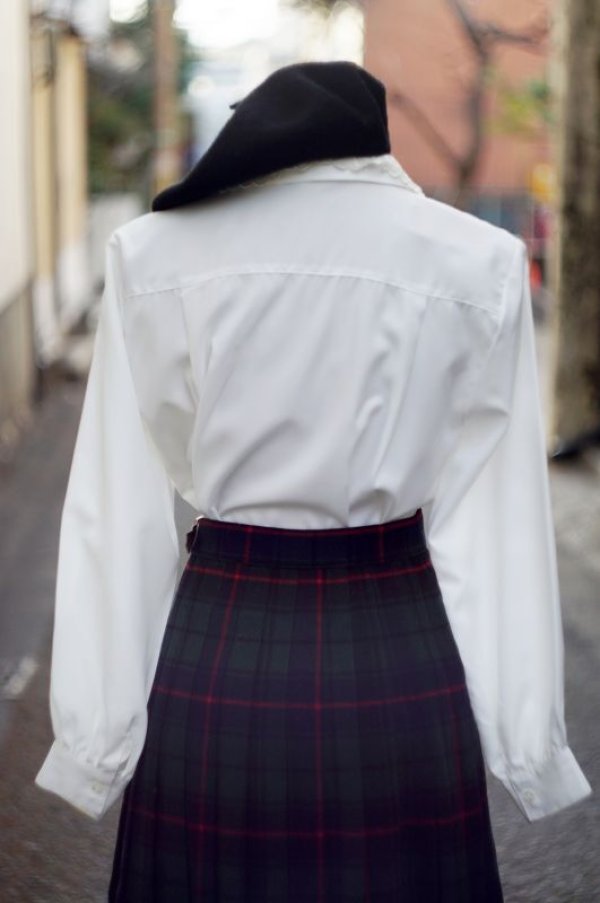 画像4: チェック柄 グリーン×レッド ウール キルトスカート プリーツ w/62cm [16809]