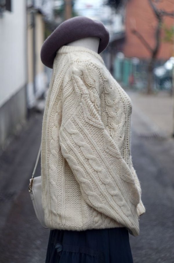 画像3: 無地 ホワイト アランニット セーター ウール クルーネック[16819]