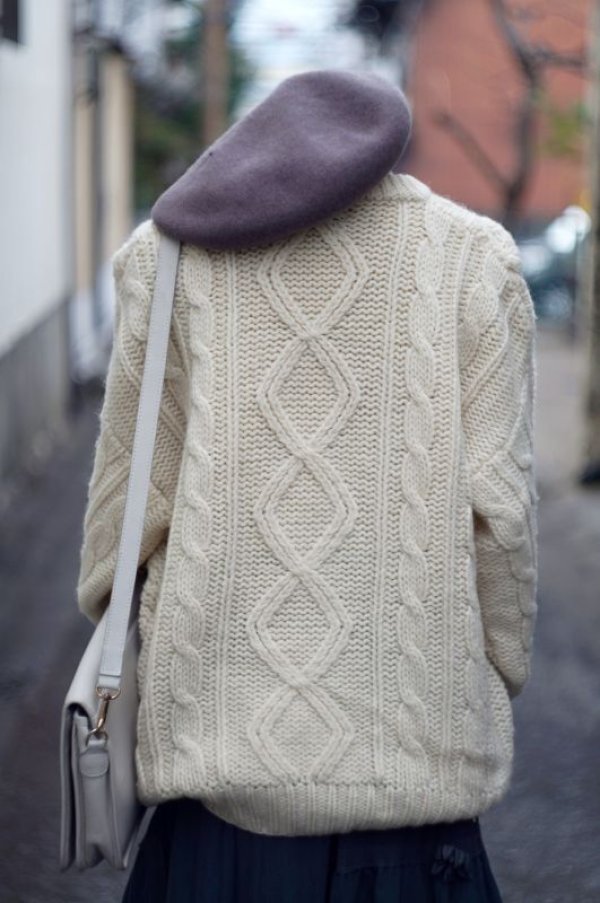 画像4: 無地 ホワイト アランニット セーター ウール クルーネック[16819]