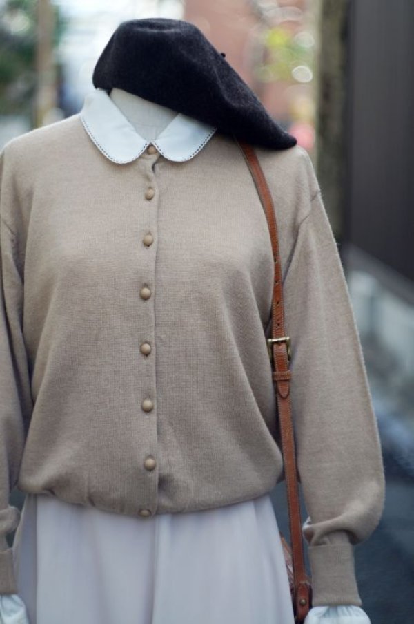 画像4: 無地 ベージュ ニット カーディガン 長袖 ノーカラー [16811]