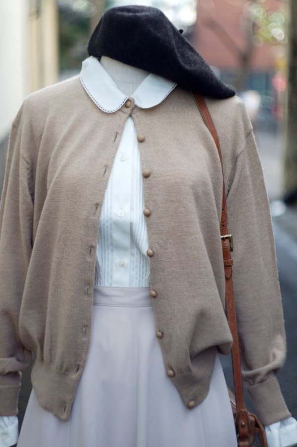 画像3: 無地 ベージュ ニット カーディガン 長袖 ノーカラー [16811]