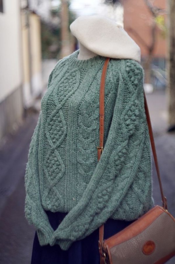 画像3: 無地 グリーン ニット セーター ウール　アラン編　ノーカラー   [16814]