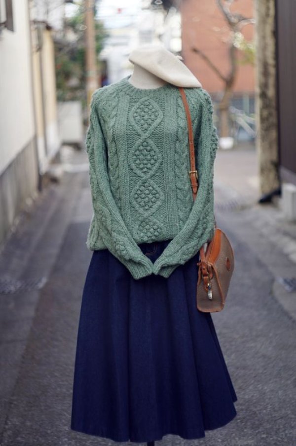 画像6: 無地 グリーン ニット セーター ウール　アラン編　ノーカラー   [16814]