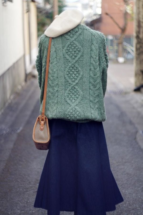 画像9: 無地 グリーン ニット セーター ウール　アラン編　ノーカラー   [16814]