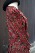 画像10: 花柄 レッド×ネイビー 長袖 レトロワンピース クルーネック プリーツスカート [16857]