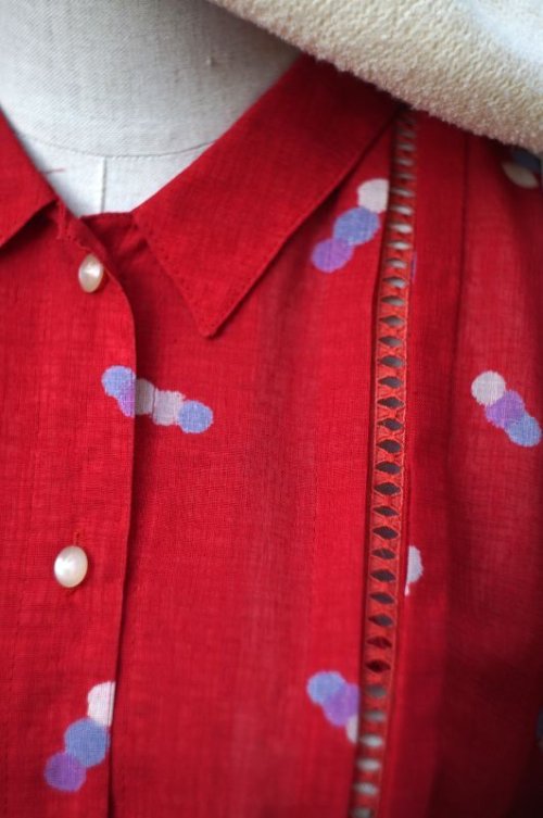 他の写真1: ドット柄 レッド系 長袖 レトロワンピース レギュラーカラー  [16918]