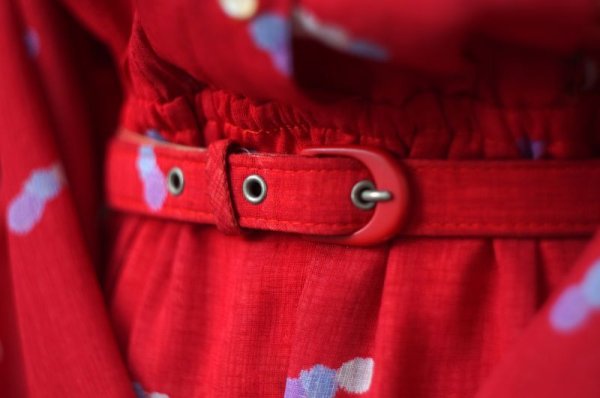 画像7: ドット柄 レッド系 長袖 レトロワンピース レギュラーカラー  [16918]