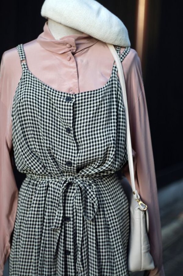 画像4: チェック柄 ブラック×ホワイト ジャンパースカート ウエストリボン [16931]