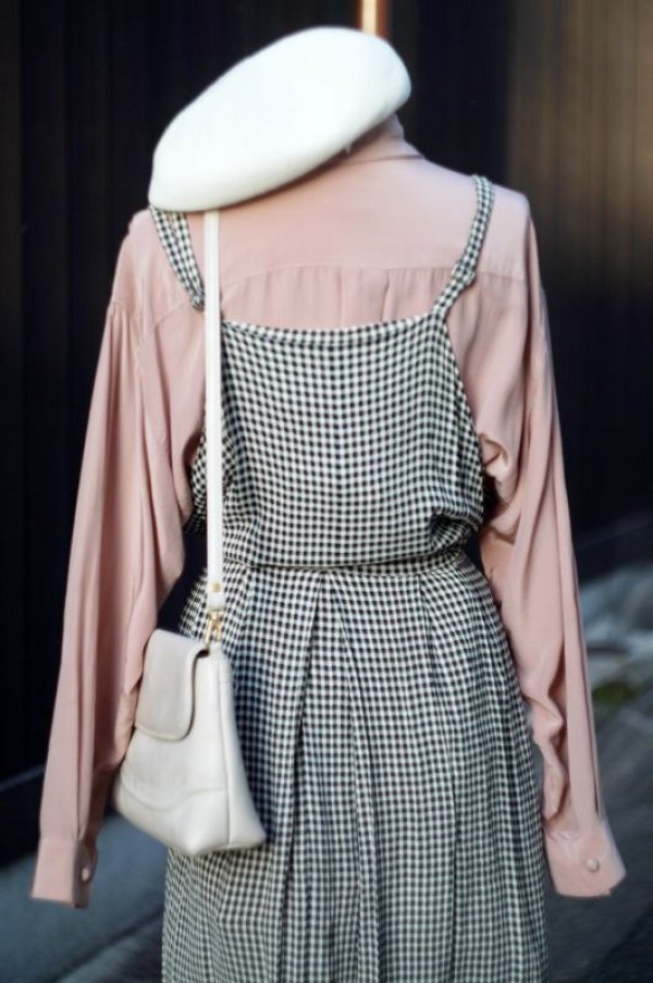 画像7: チェック柄 ブラック×ホワイト ジャンパースカート ウエストリボン [16931]