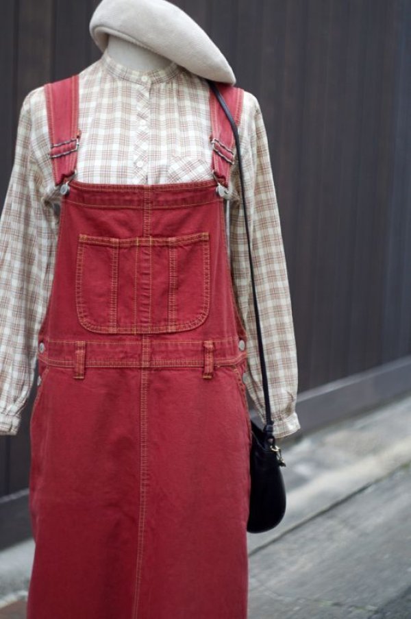 画像7: 格子柄 ベージュ系 長袖 ブラウス バンドカラー[16943]